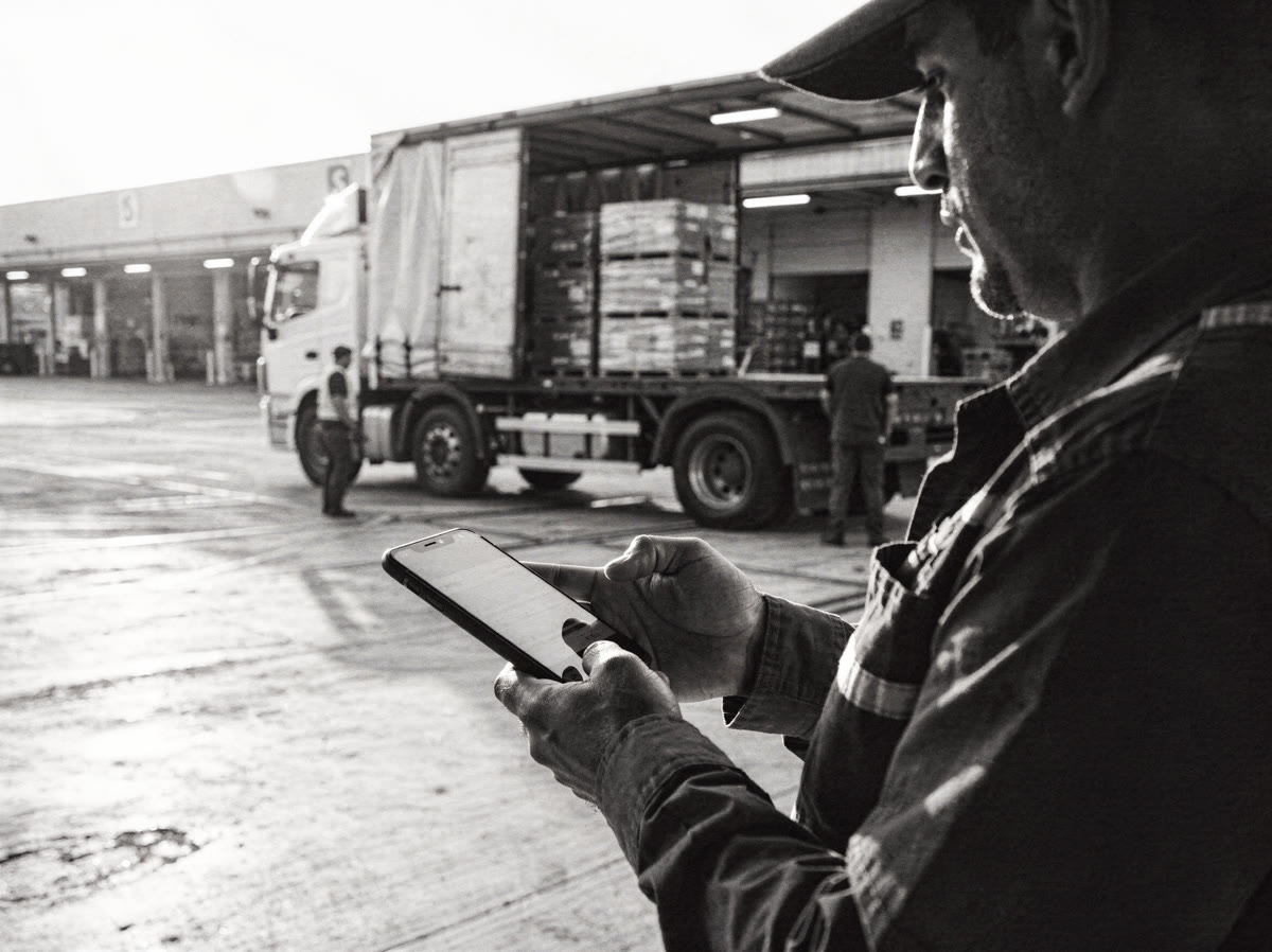 Pátio industrial com caminhões estacionados em frente a galpões