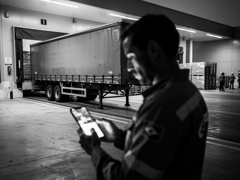 Motorista confere a entrega no celular em uma doca de galpão